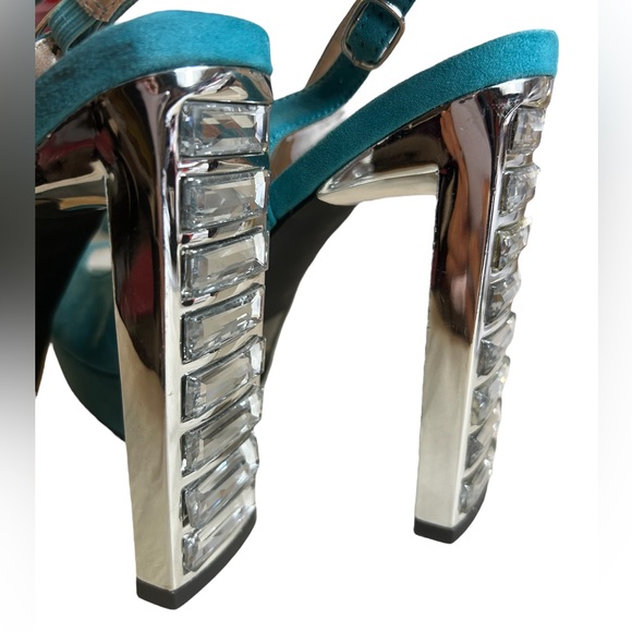 Teal Platform High Heels Size 8.5 Womens Block Heel 4.5” Faux Suede Bling Silver - Picture 3 of 13